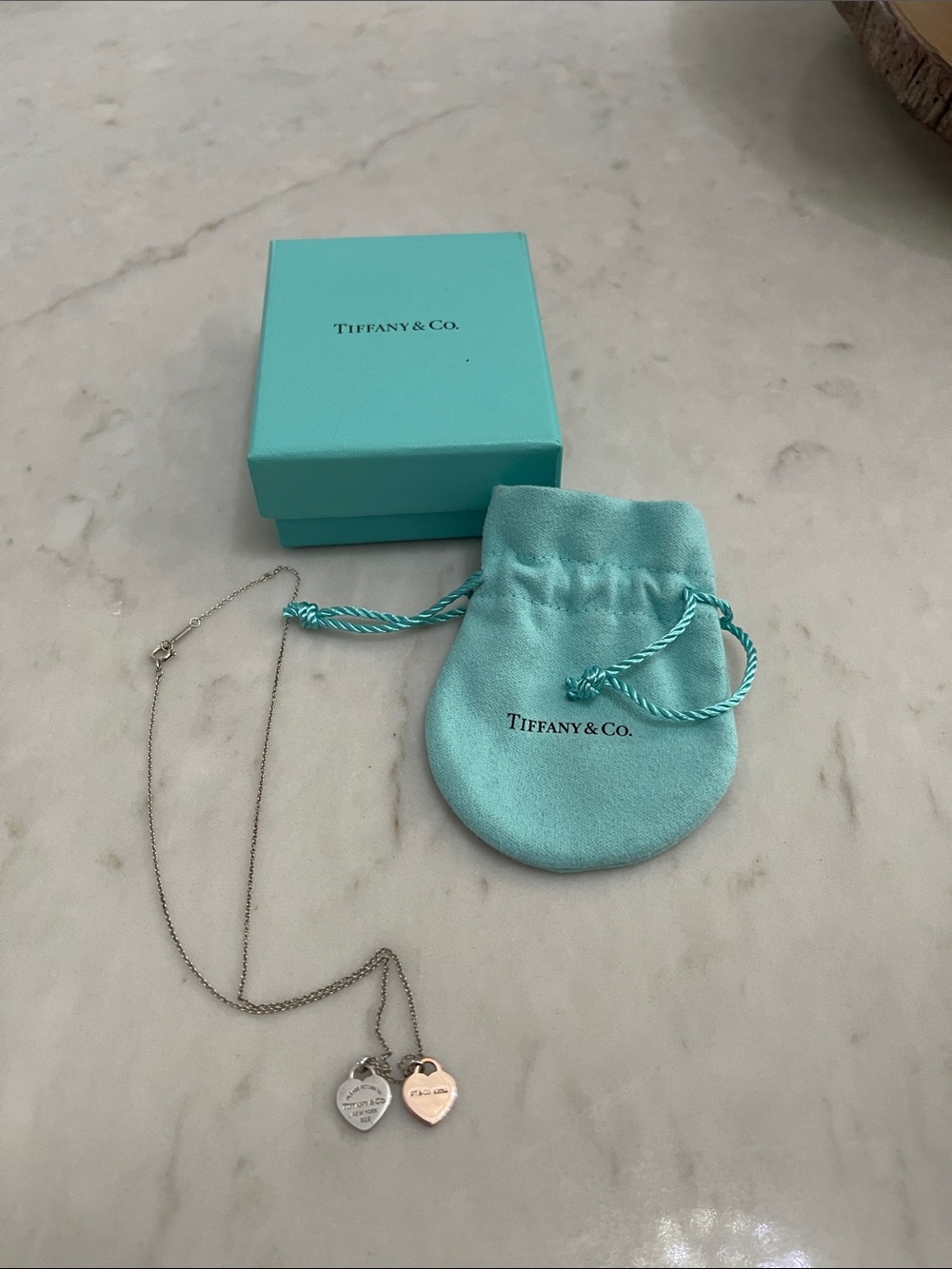 Tiffany & Co. Double Heart Pendant Necklace with Signature Blue Pouch